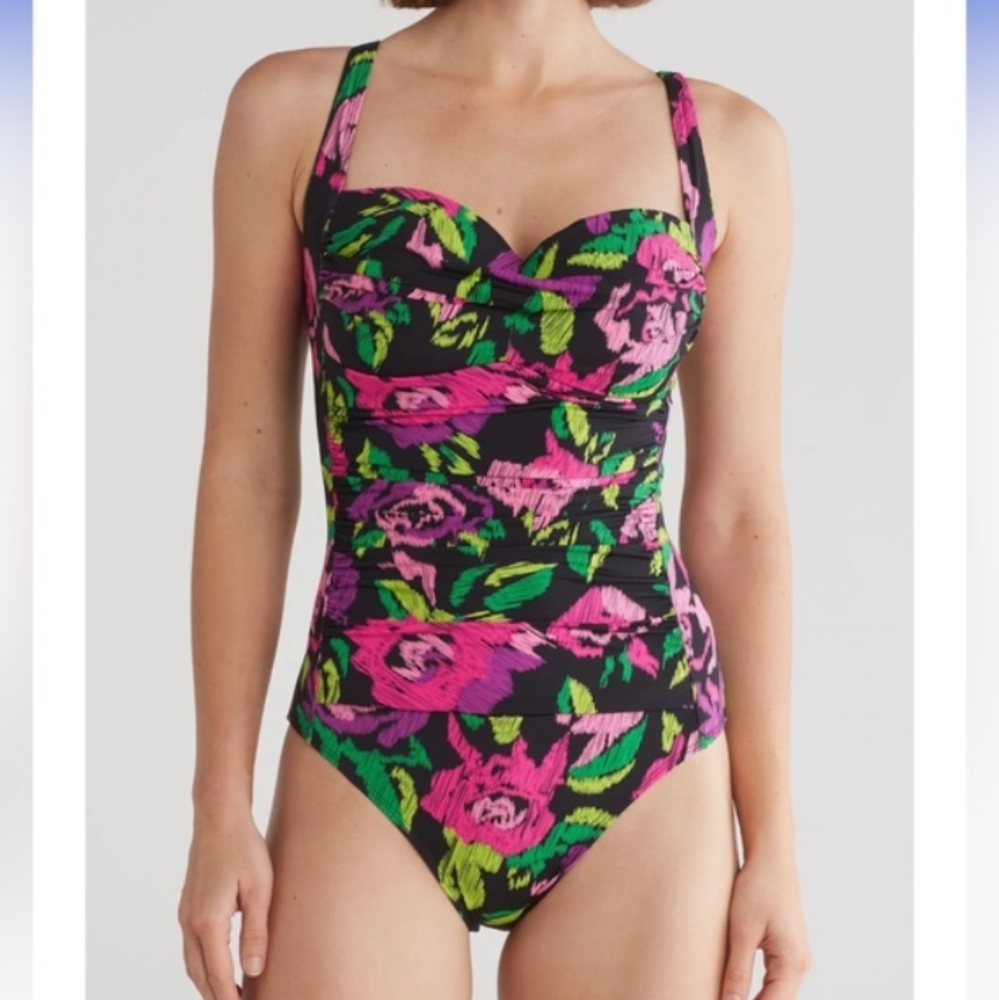 Betsey Johnson Lush Meadow Rose Print Bandeau One Piece Swimsuit – Black Small